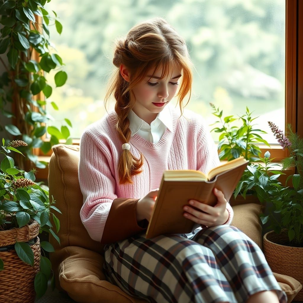 Whimsical Teenage Girl Lost in a Cozy Reading Nook