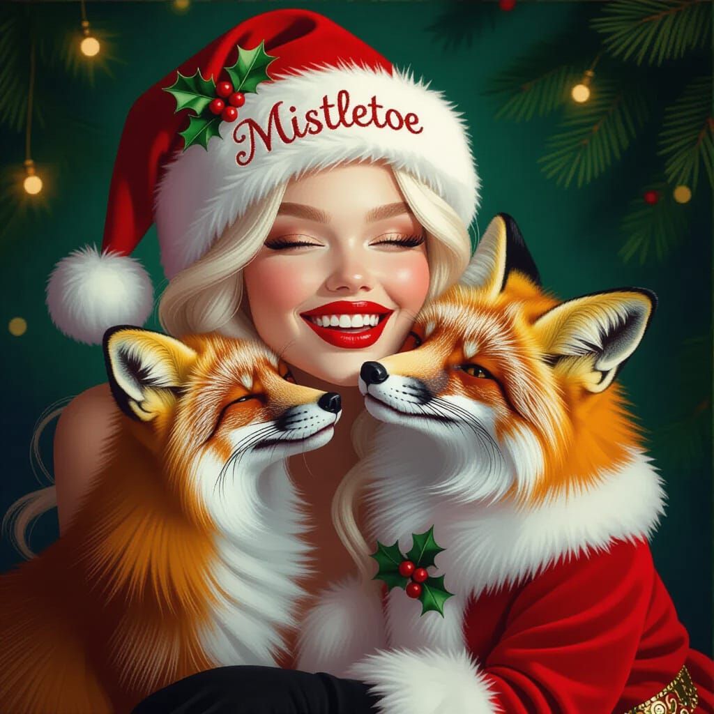 Albino Supermodel and Fox in Art Deco Santa Hats