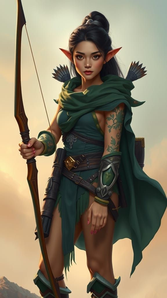 Elven Archer: Asian Huntress in Fantasy Realm