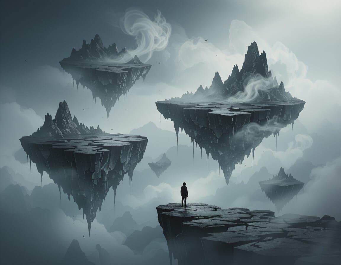 Surreal Dreamscape with Floating Islands and Silhouetted Fig...