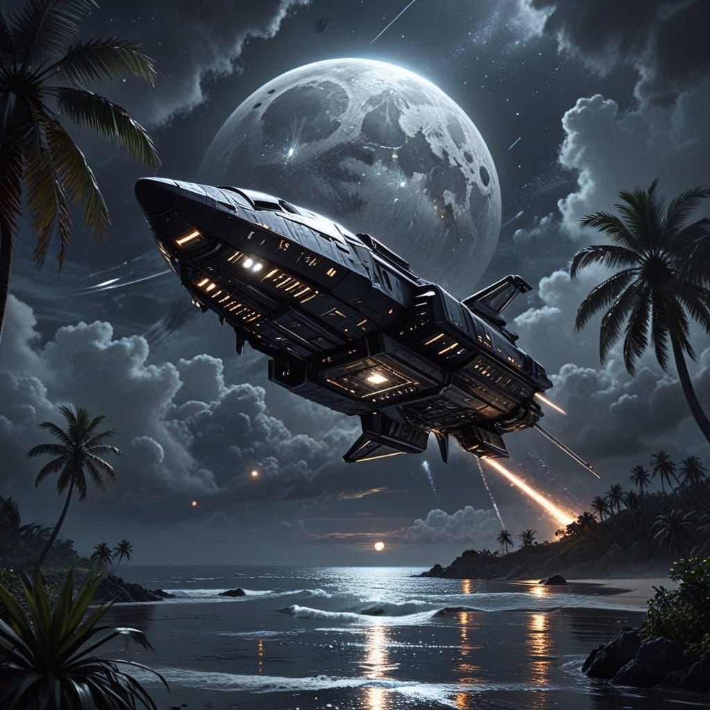 Metallic Spaceship near Palm Island in Space Fantasy Art