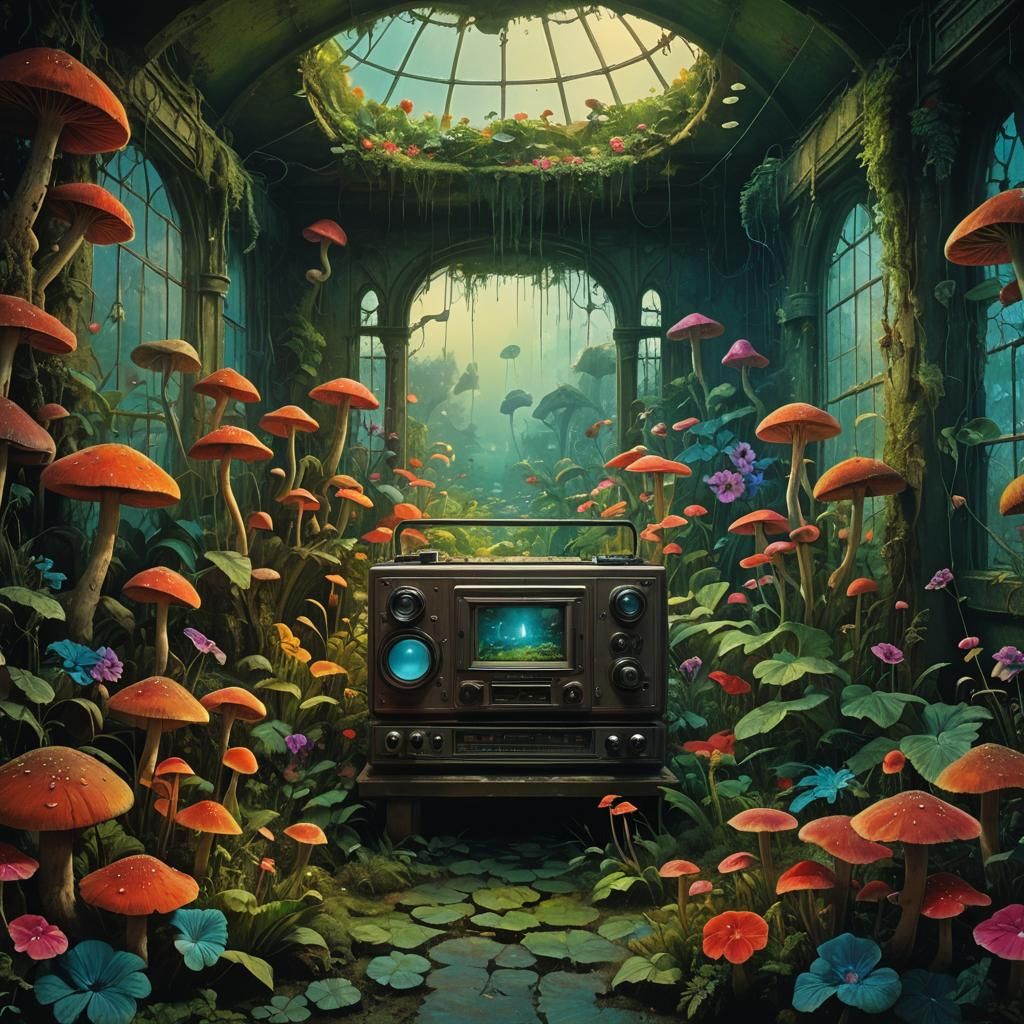 Mystical Greenhouse: Vintage Stereo in Dark Fantasy Style