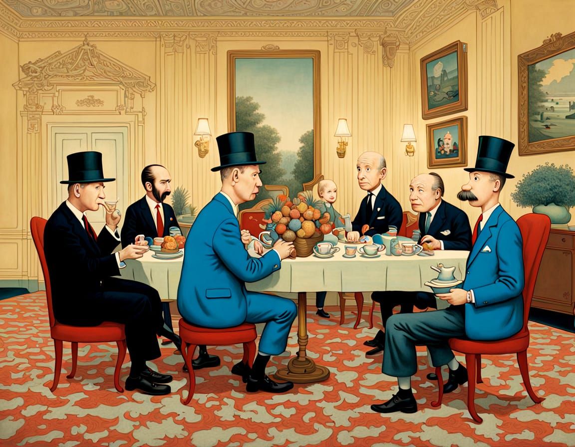 Tintin-Style Gathering of Influential Figures in Whimsical D...