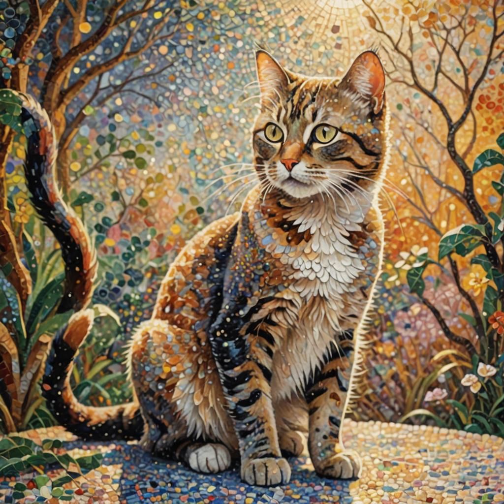 Pointillistic Cat Exploring a Swirling World