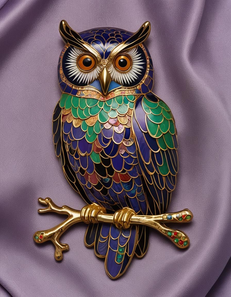 Cloisonné Owl Brooch on Purple Silk Scarf