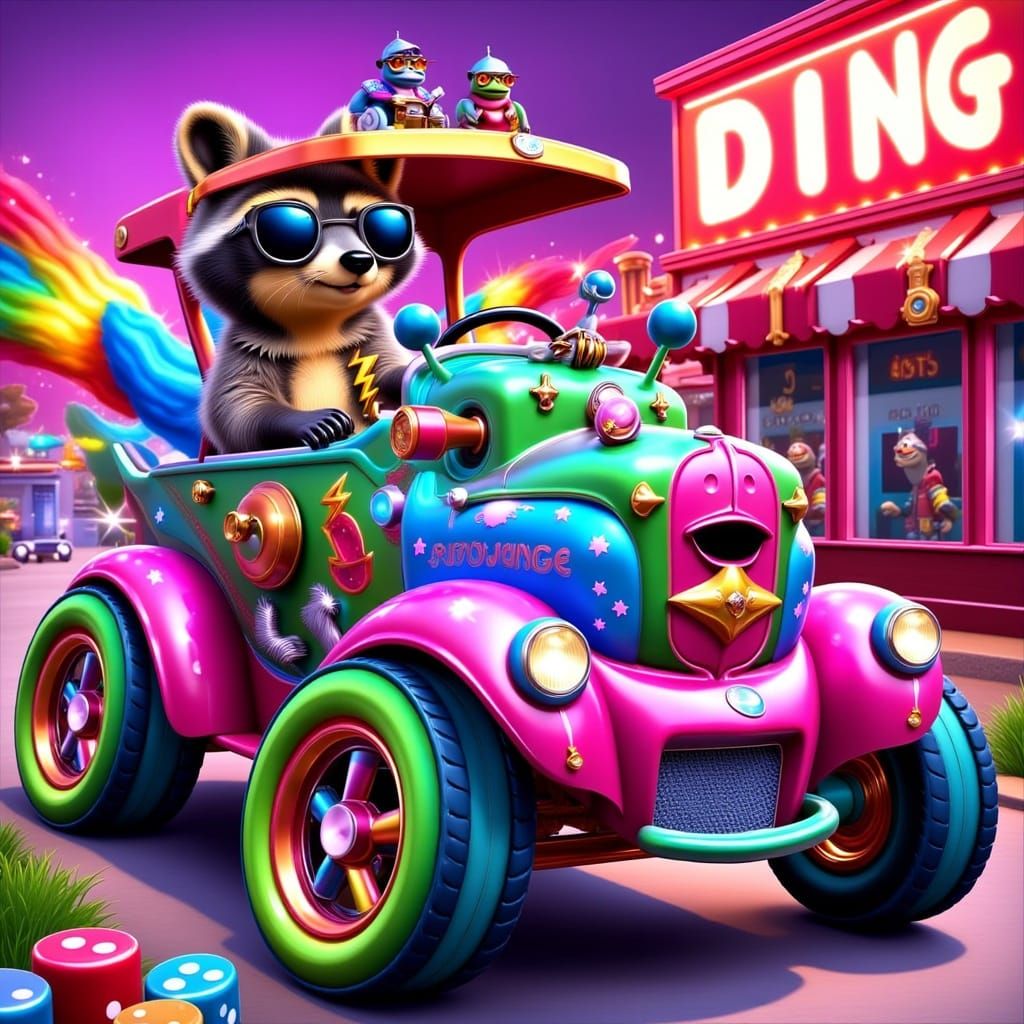 Cartoon Cruiser Car with Rocket Boosters, Neon Diner