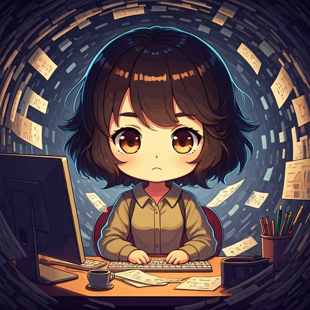 Anime Chibi Woman in Digital Vortex