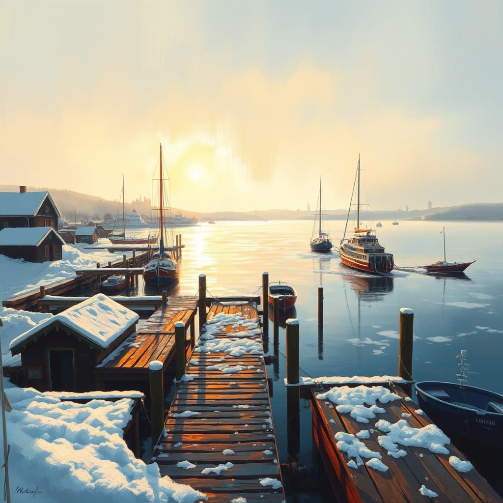 Winter Oslo Harbor at Dawn in Impressionist Style