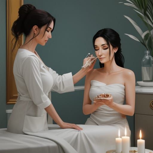 A woman in a spa room, receiving a facial from a facialist. ...