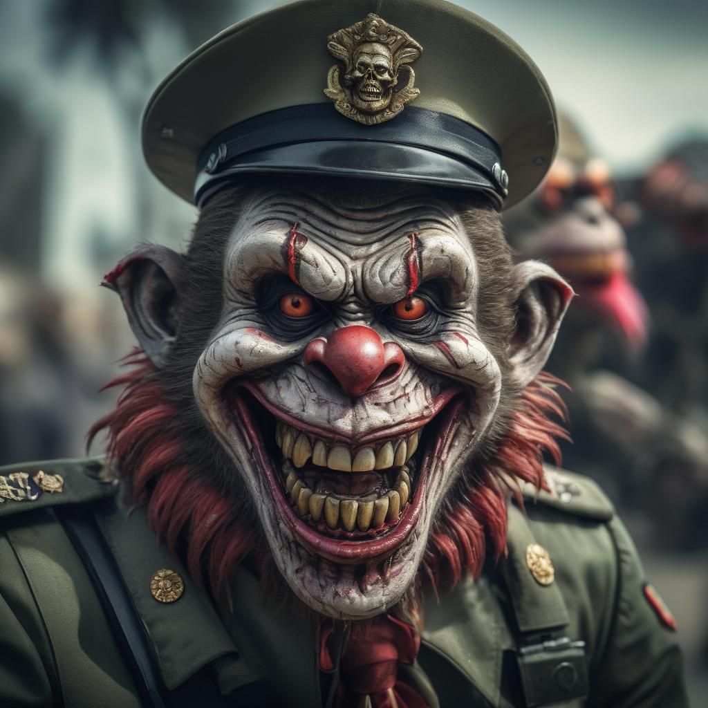Zombie Monkey Clown Military Officer Grinning Maniacally