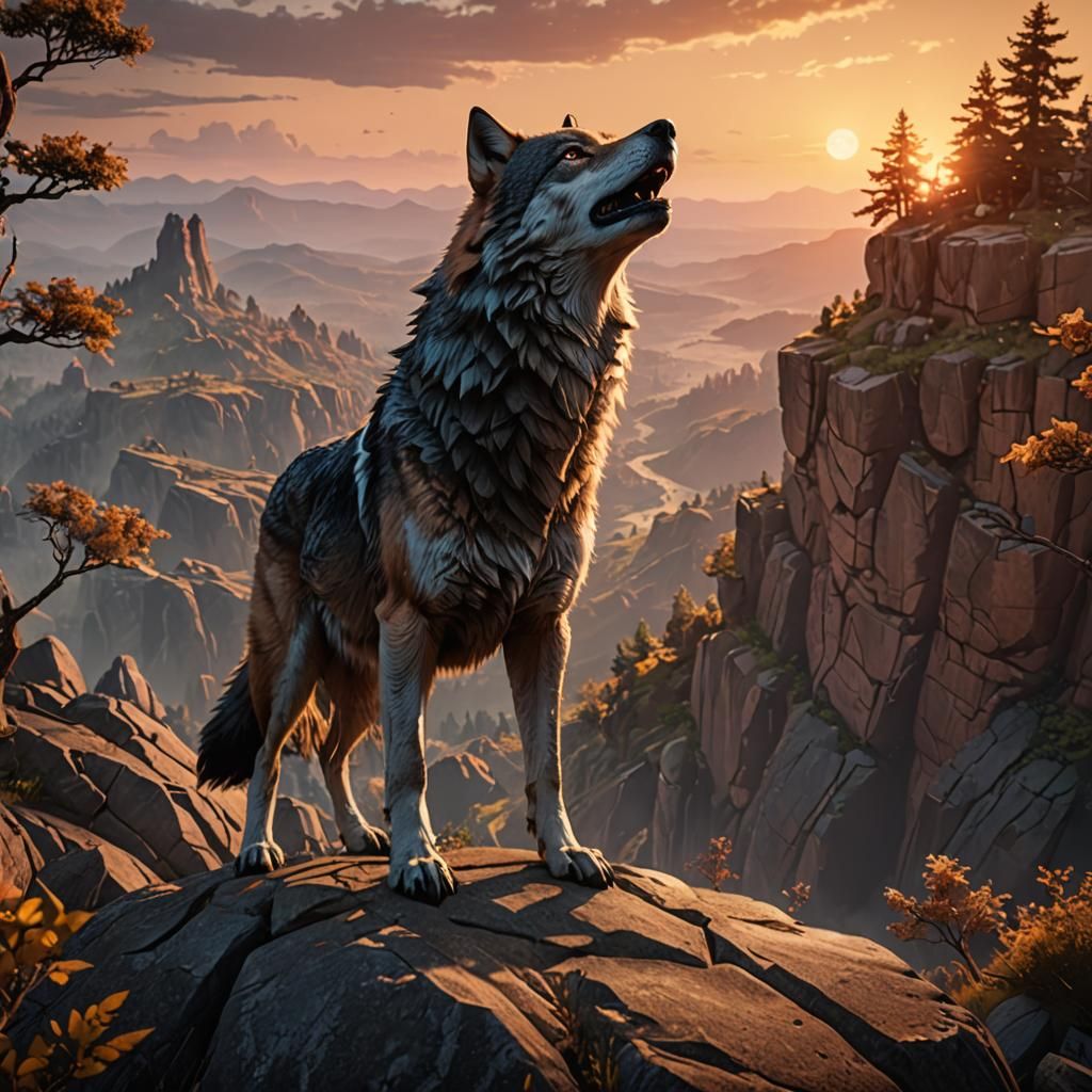 Dramatic Wolf Howling at Sunset in 3D Style