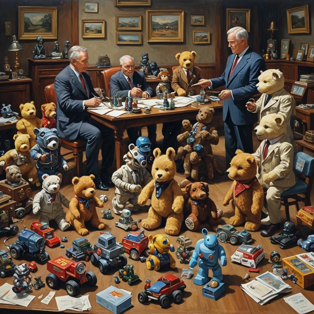 Business Meeting of Toys as Oil Painting