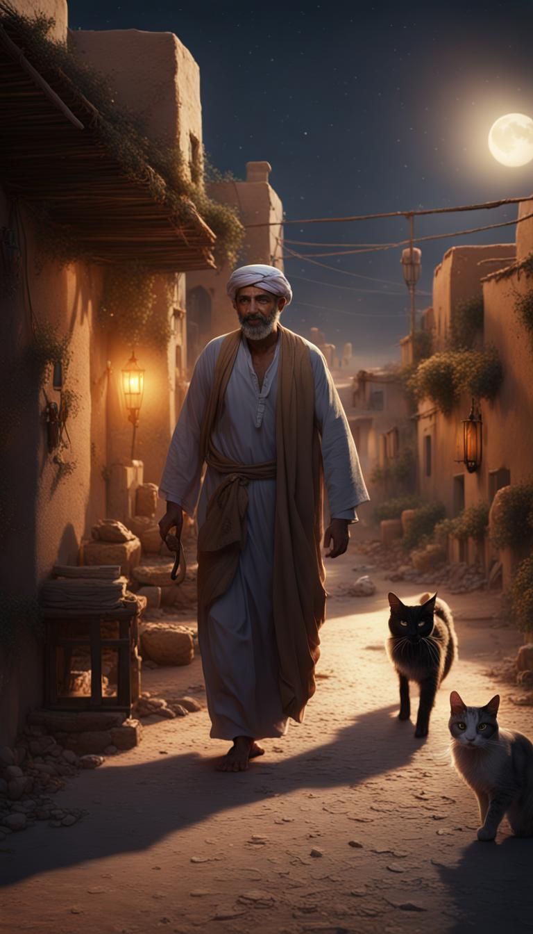 Arab Man and Cat in Moonlight Village
