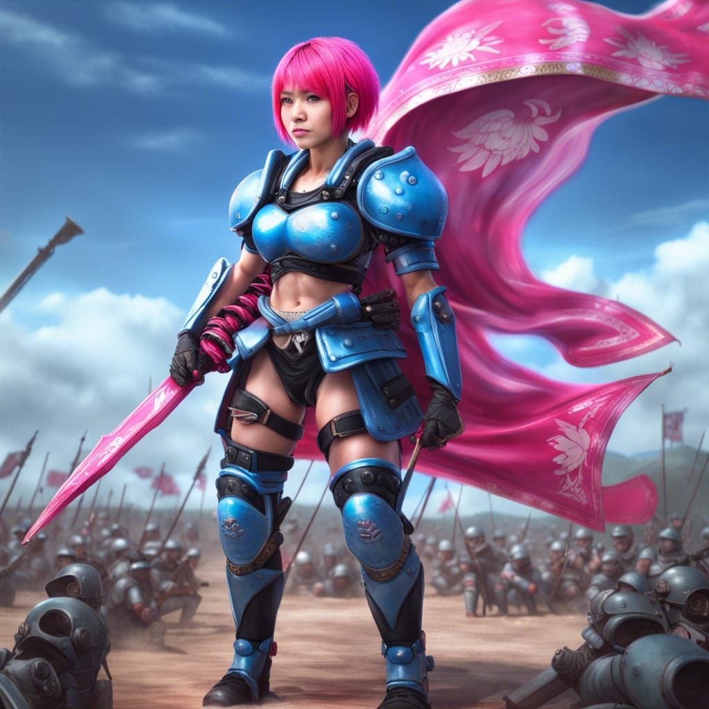 Muscular Girl in Power Armor on Battlefield