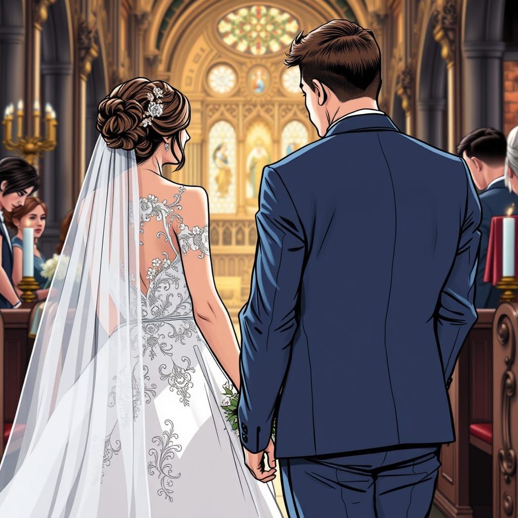 Bride Awaits Groom: Comic Book Wedding Scene