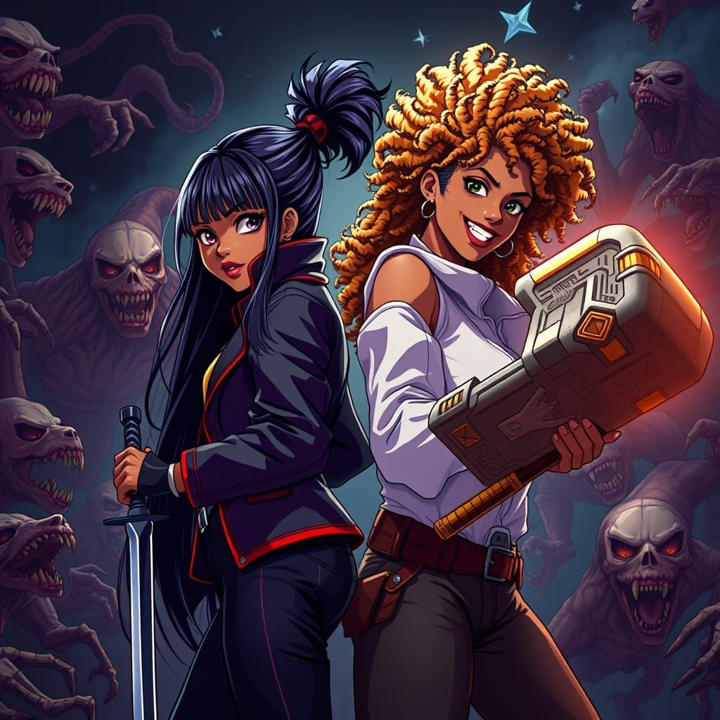 Anime-Inspired African American Sisters in Vibrant Key Visua...
