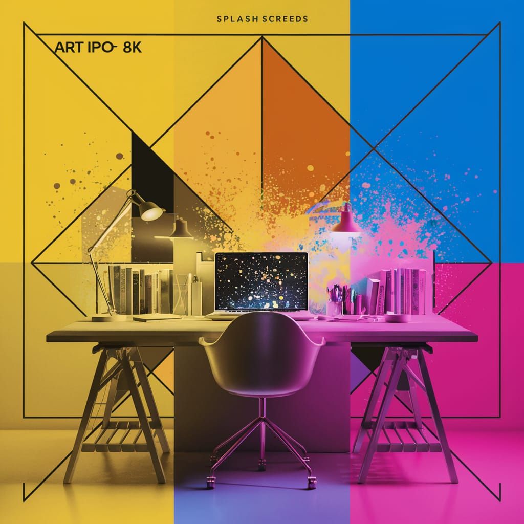 Vibrant Pop Art Desk Scene with Bauhaus Geometric Backdrop