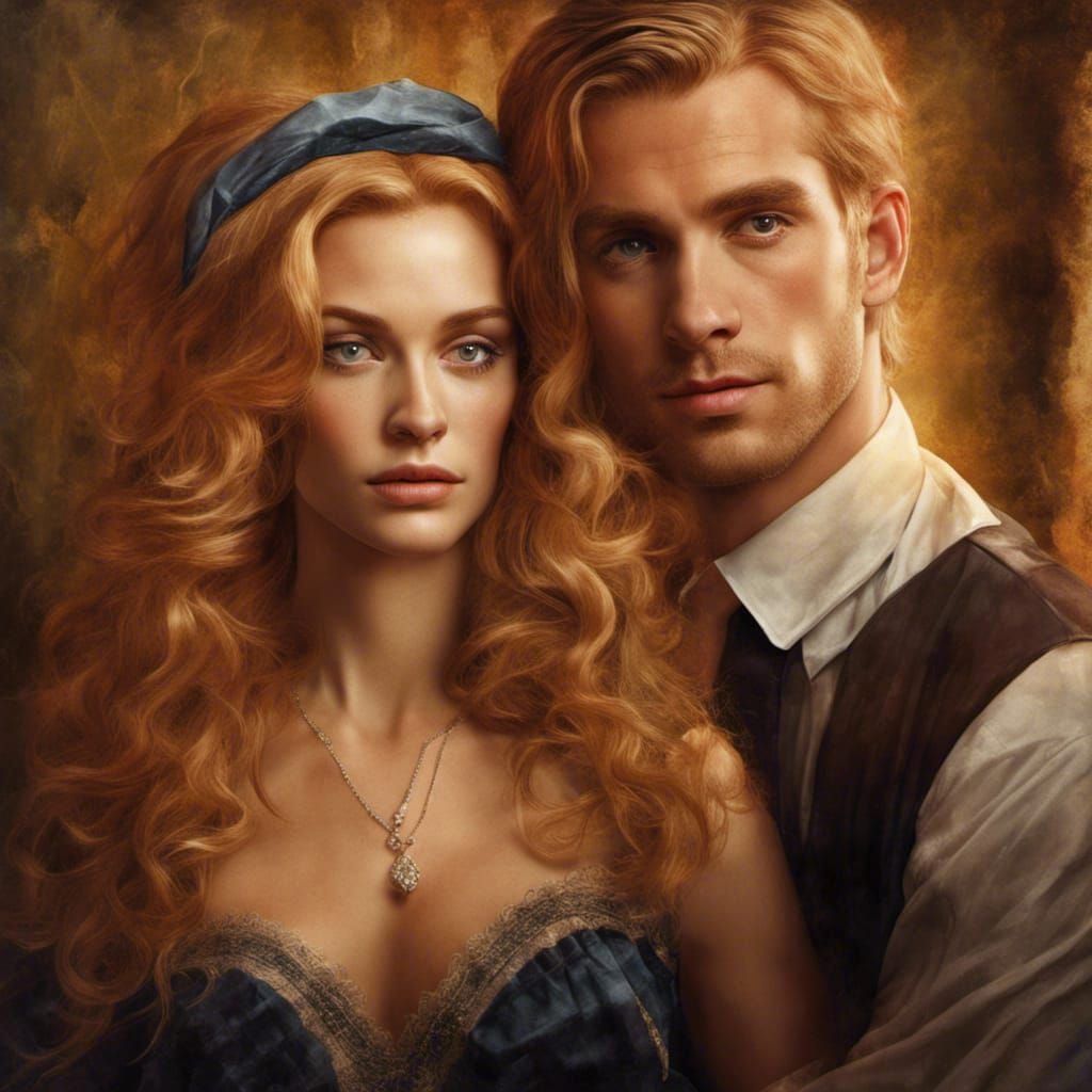 "OLD SCHOOL HARLEQUIN ROMANCE BOOK COVER" blond 
woman and auburn-haired man in a room, head and shoulders portrait, 8k ...