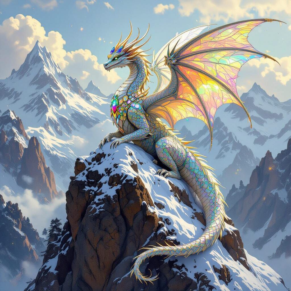 Jewel-Encrusted Dragon on Snow Mountain in Art Nouveau Style
