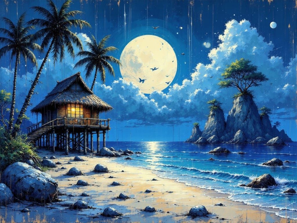 Tropical Beach Under Moon in Watercolor Style