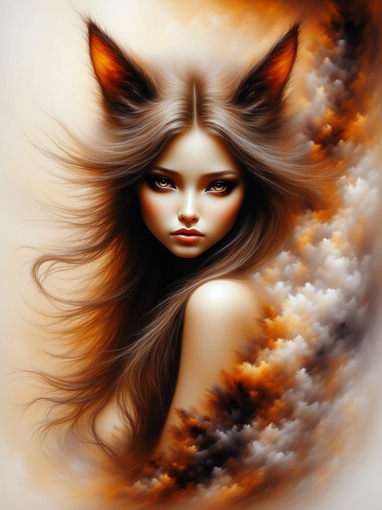 Ethereal Cat Girl Posing in Watercolor Wash