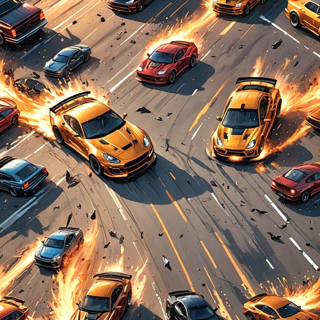 Dramatic Golden Hour Car Race in Comic Book Style