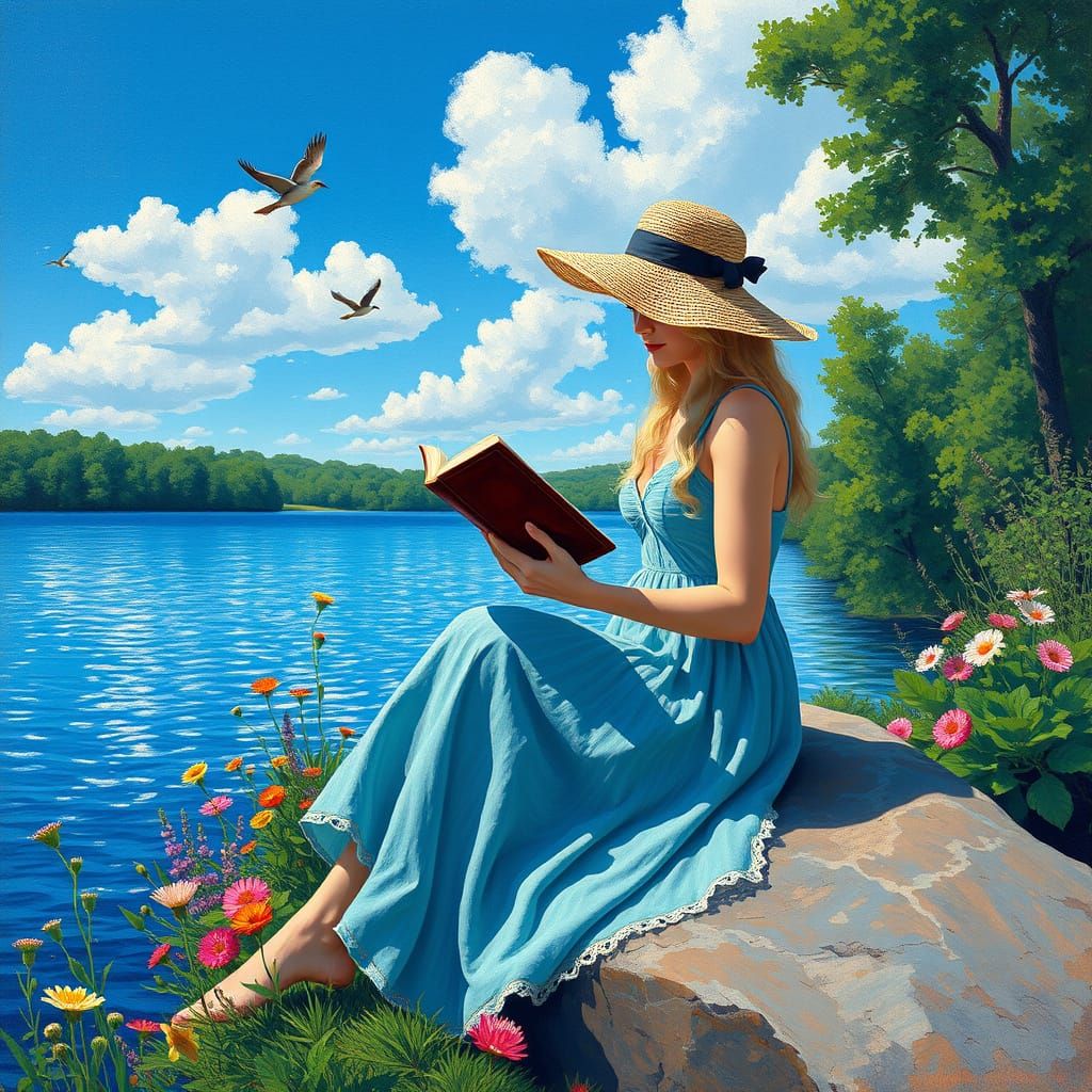 Serene Pointillism Scene of Blonde Woman Reading by Lake