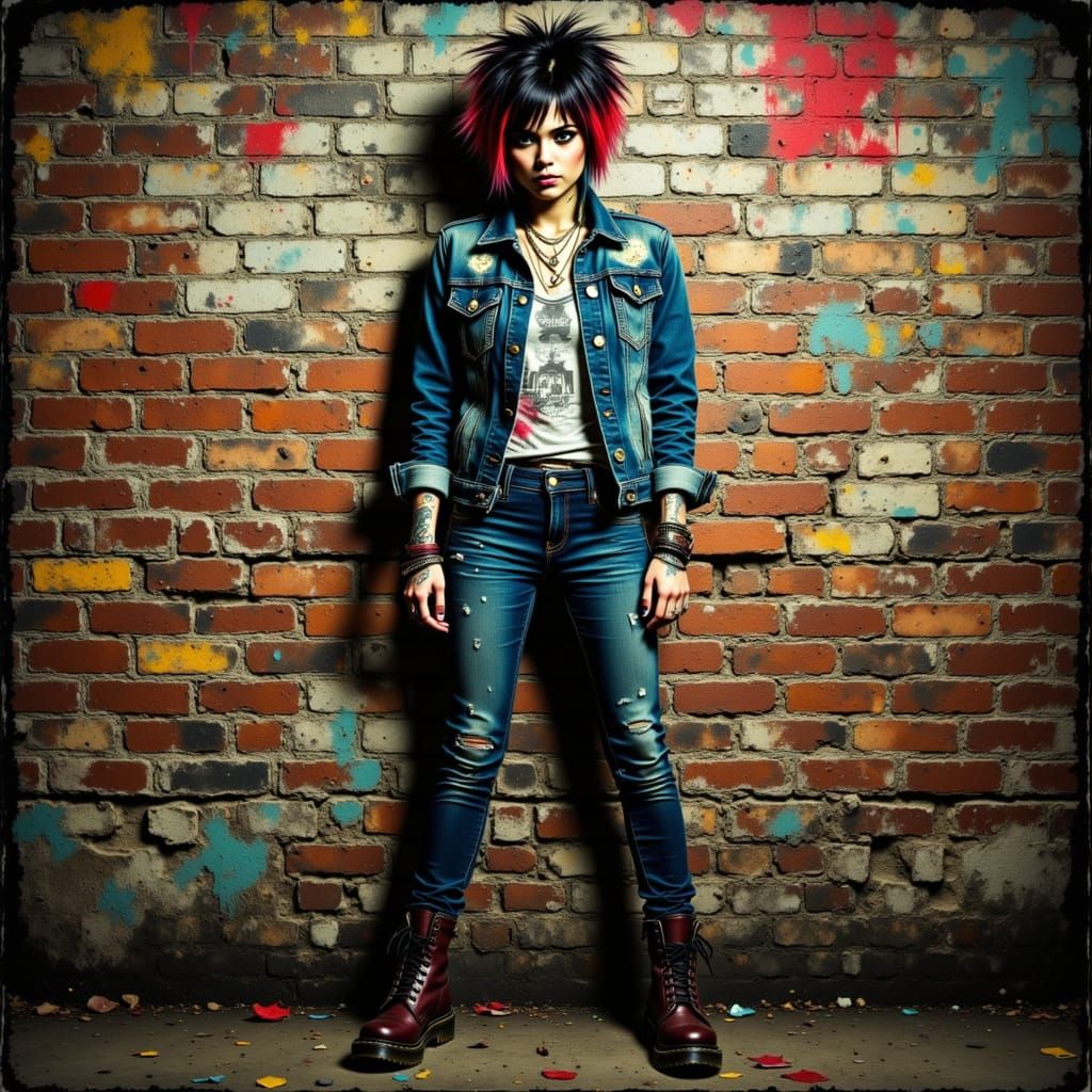 Aggressive Punk Girl in Skinhead Style Standing by Brick Wal...