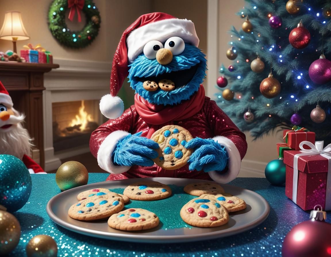 Cookie Monster as Santa Claus: Digital Illustration