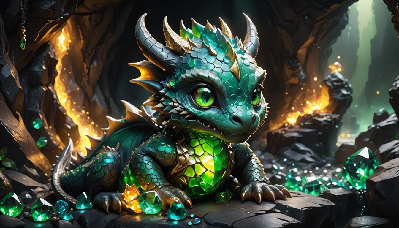 Emerald Dragon in Cave: Hyperrealistic Splash Art