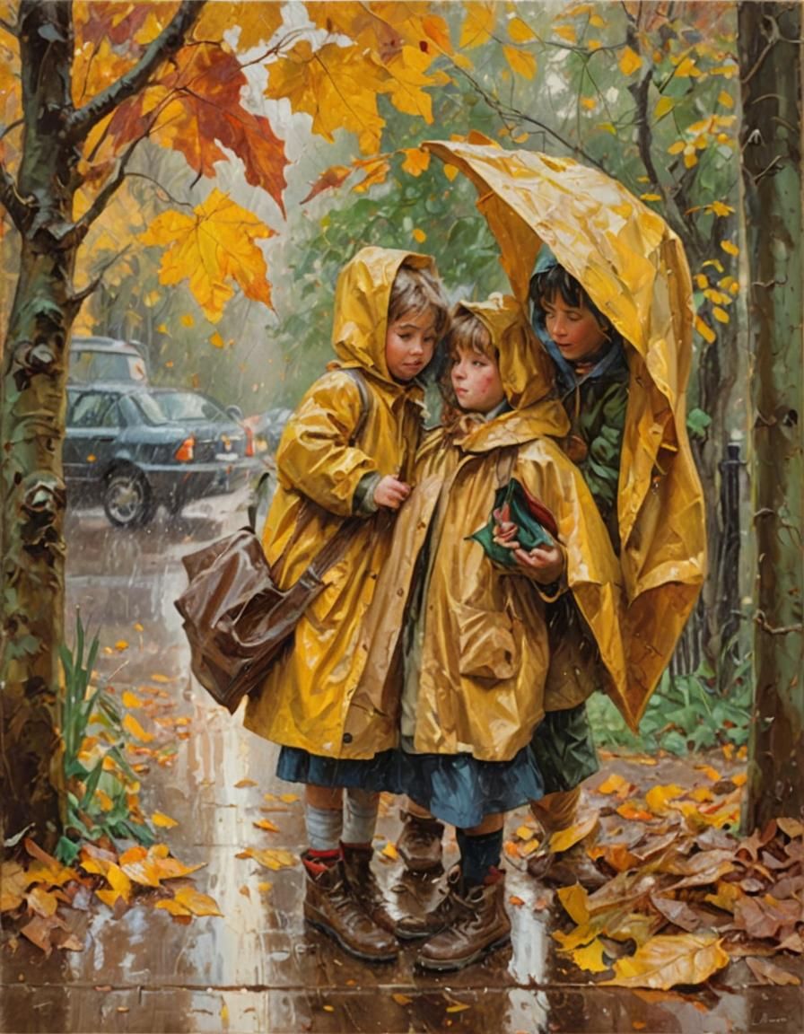 Children Watching Birds in Autumn Rain, Impressionist Oil Pa...
