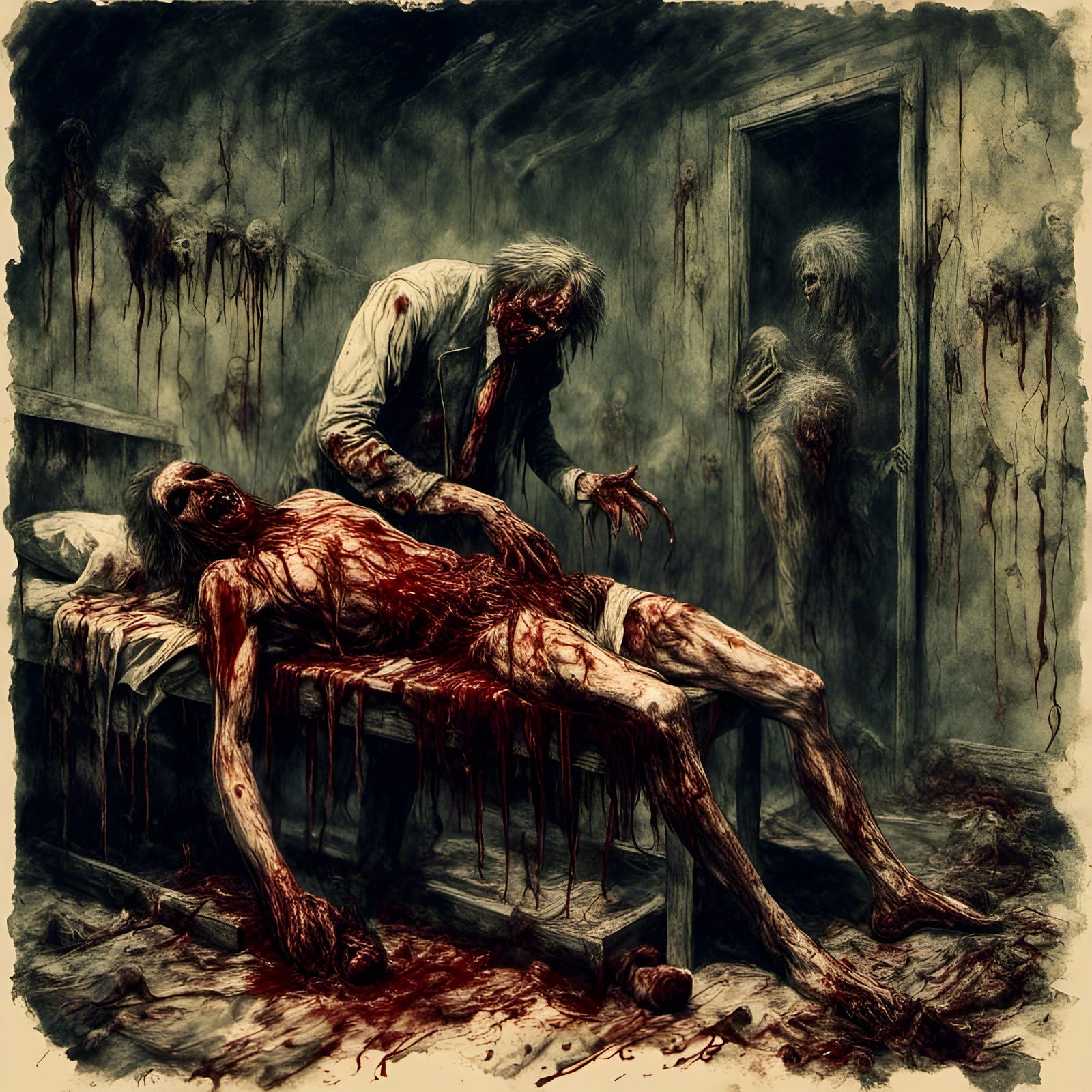 Cannibal Zombie Feast in Morgue: Macabre Horror Illustration
