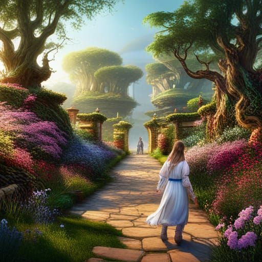 Girl Walks Through Flower Garden: Fantasy Concept Art