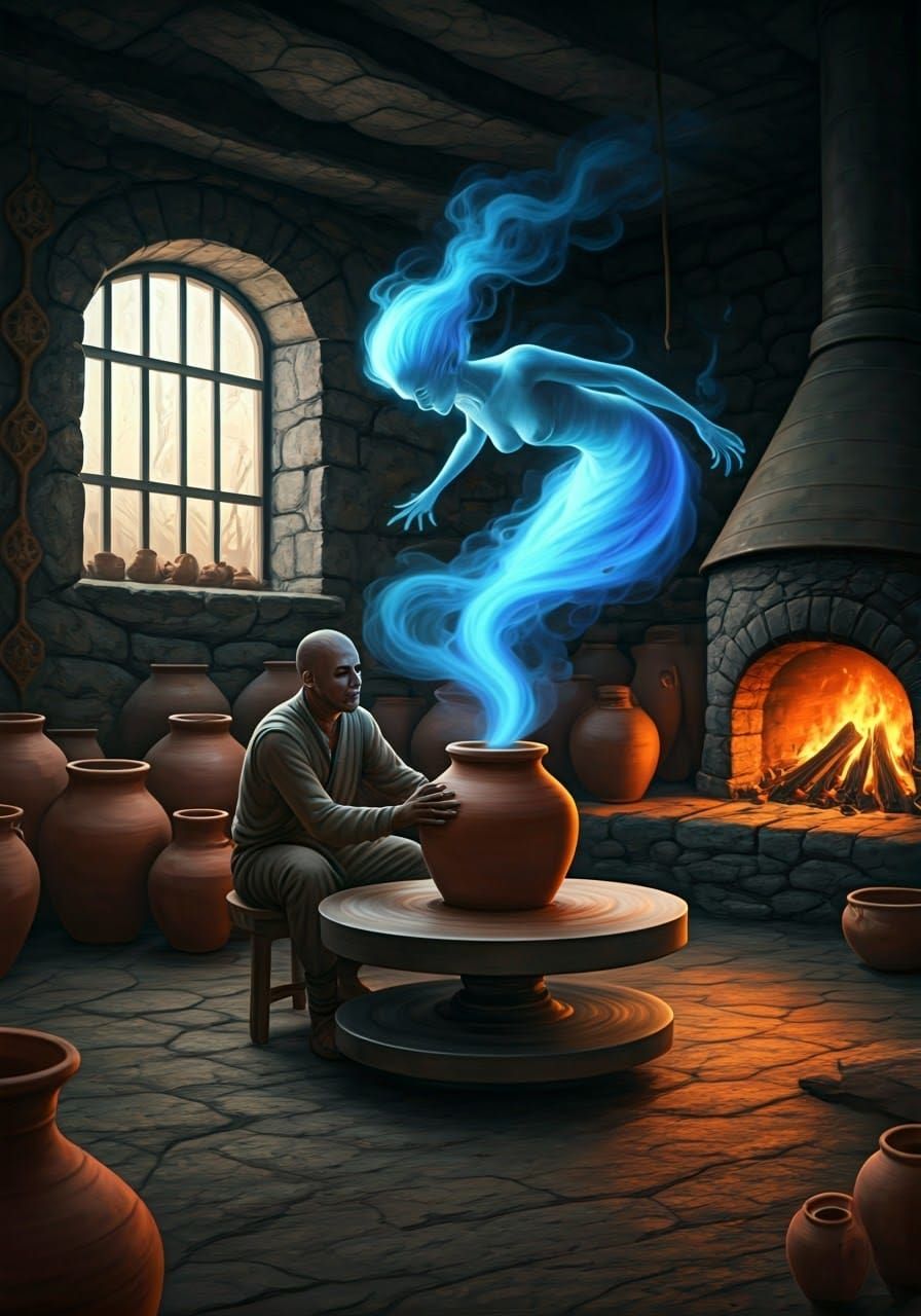 Blue Fantasy Genie Soars from Clay Pot in Desert Rockhouse