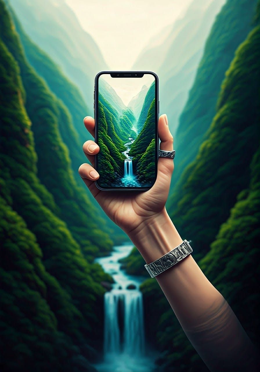 Hand Holding Smartphone Displaying Mountain River