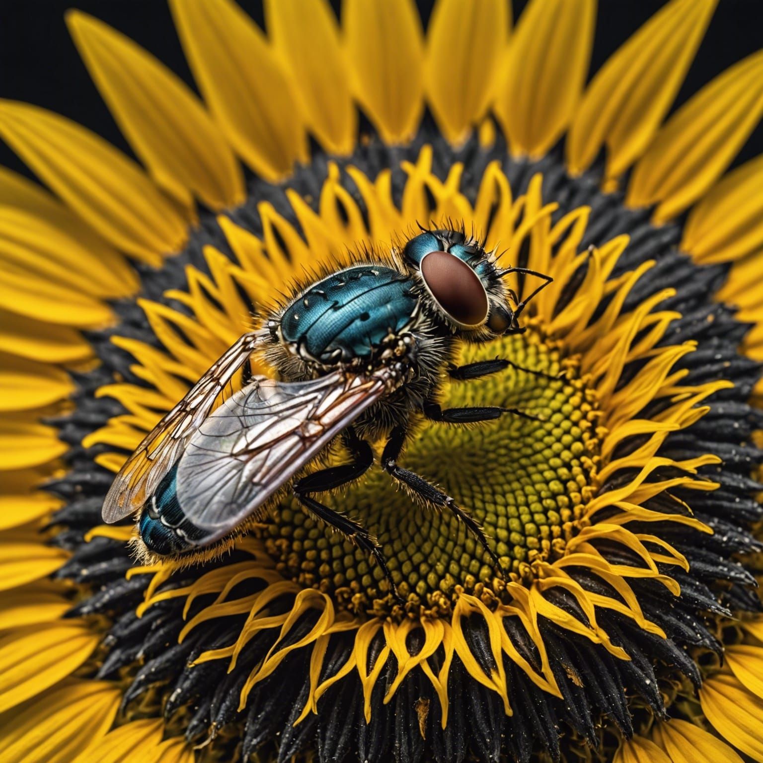 Detailed Macrophotography of Fly on Sunflower