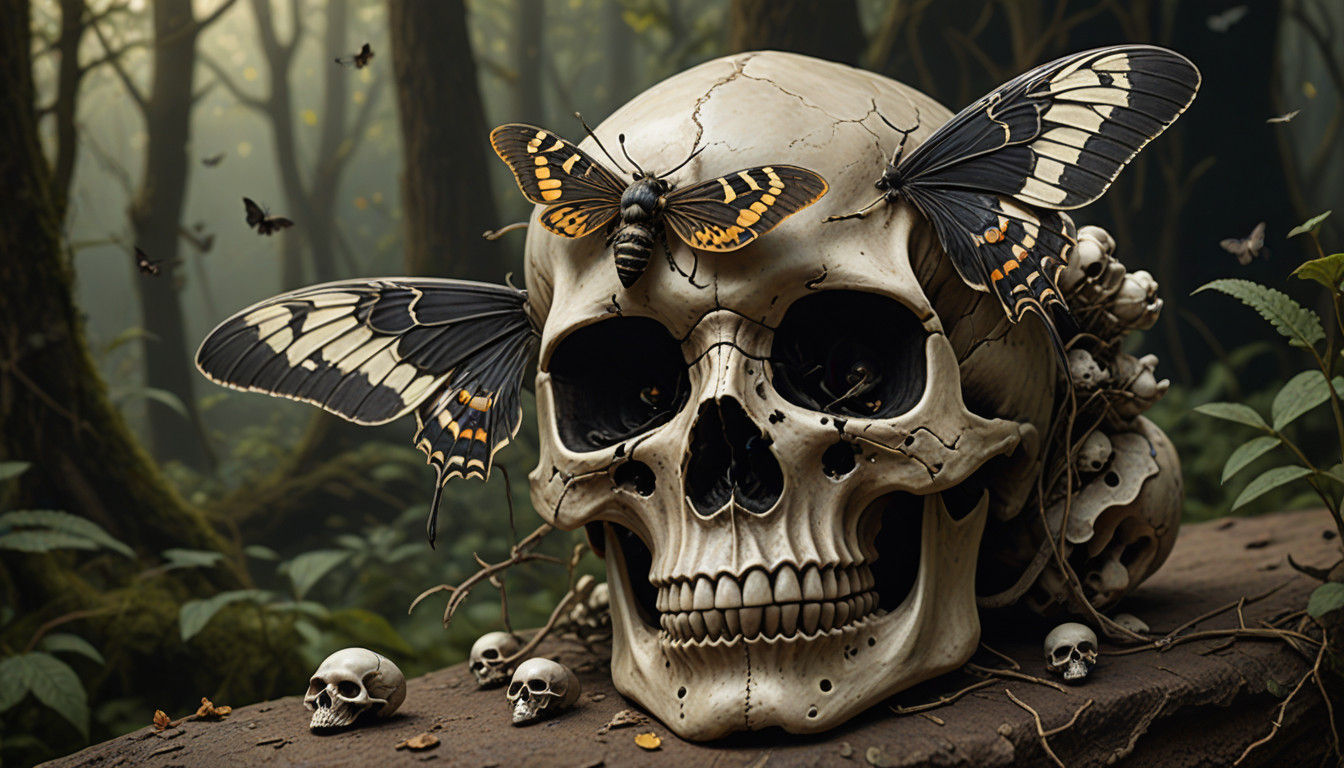 Death's Head Moth Perches on a Skull in a Whimsical Storyboo...