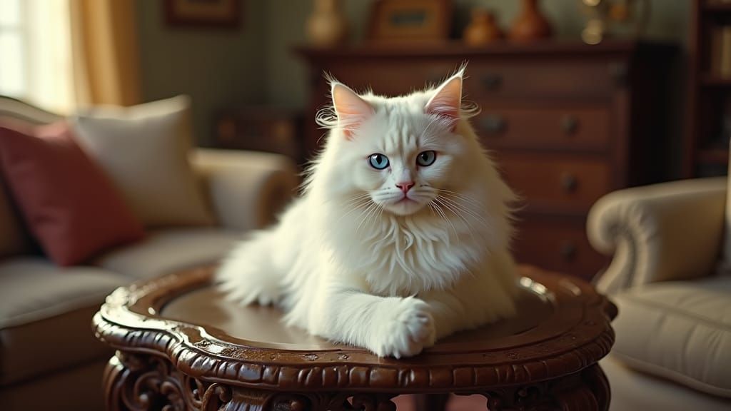 Regal White Cat on Antique Tea Table