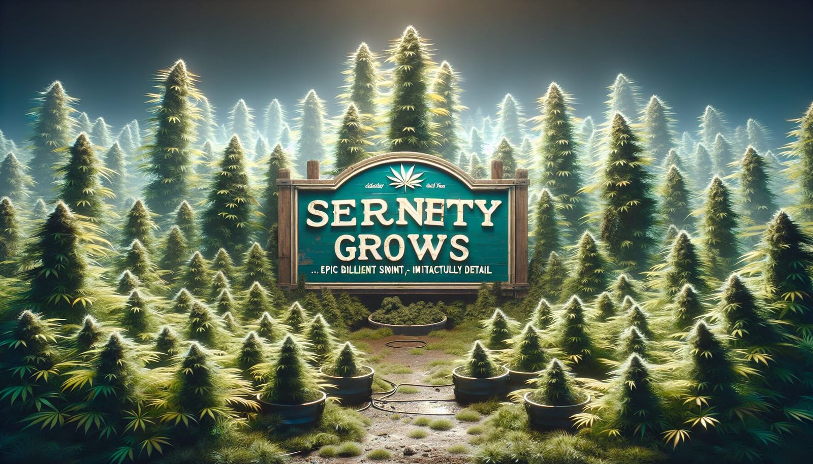 Lush Cannabis Garden with 'Serenity Grows' Sign