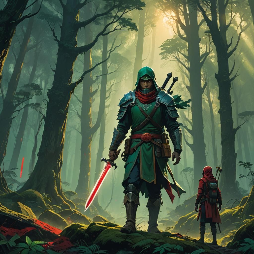 Heroic Asian Warrior in Mystical Forest