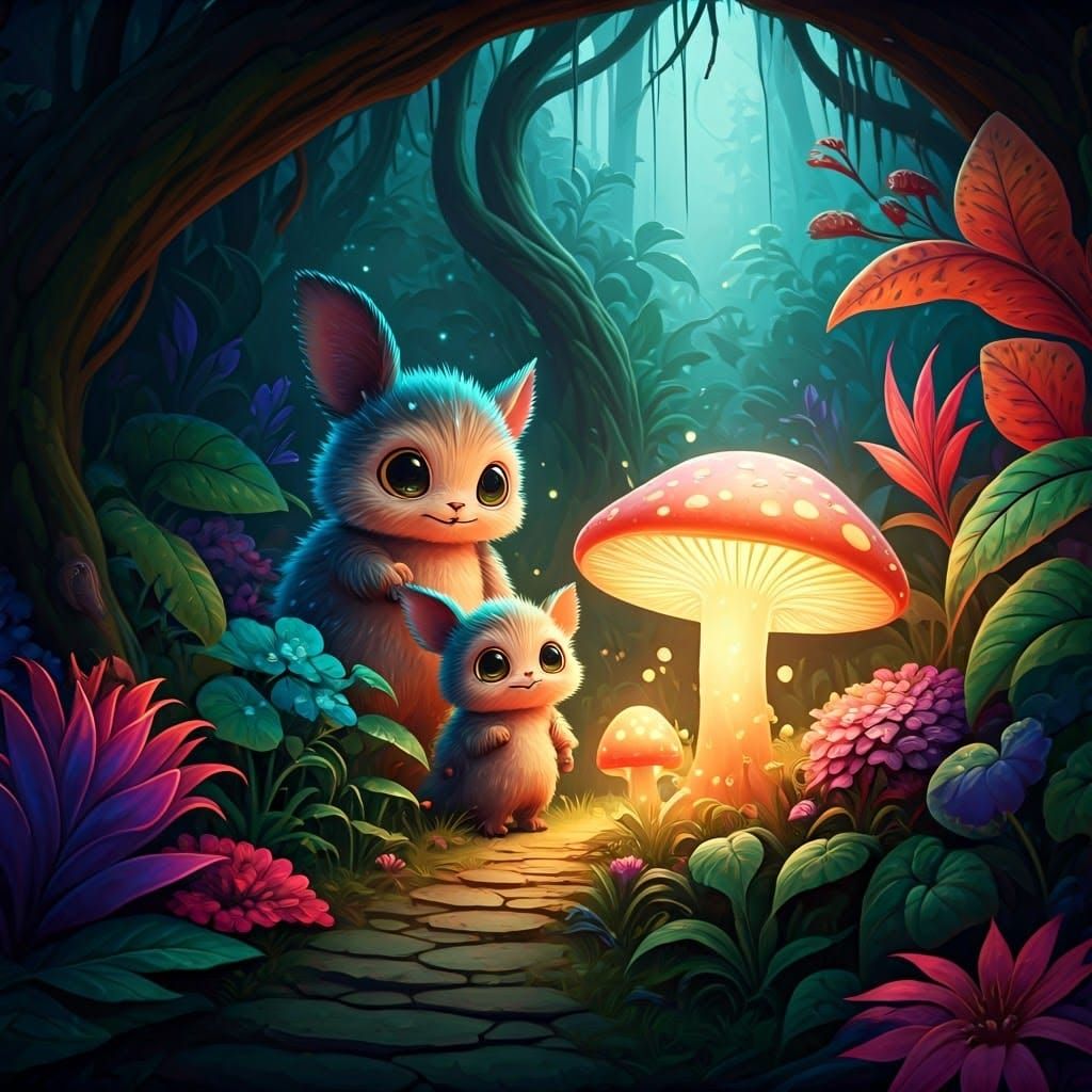 Whimsical Forest Scene with Furry Creatures