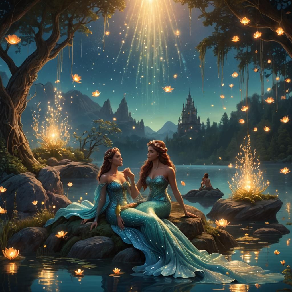 Princess Mermaid at Lakeside with Merman Family