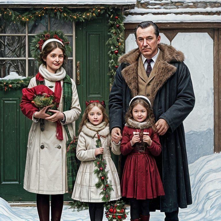 Winter scene. A family with eager faces, carrying gifts stan...