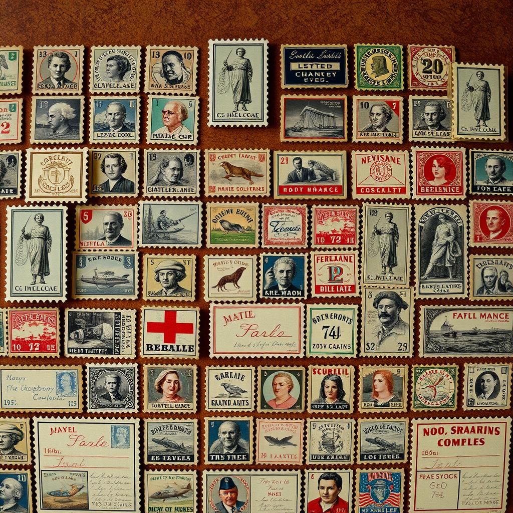 Vintage Postage Stamps and Advertisement Labels