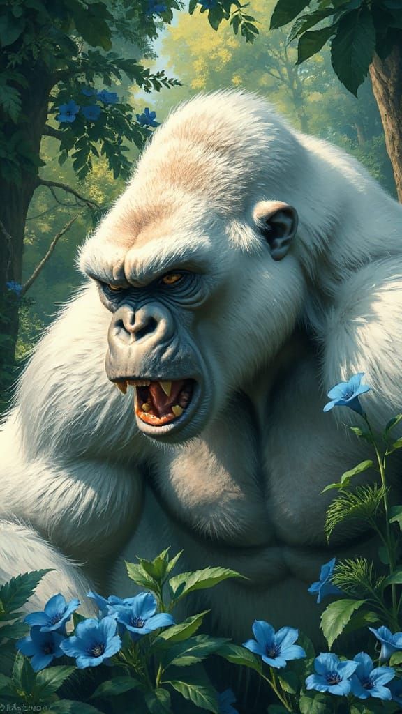 A Fierce White Gorilla Stands in a Lush Forest with Vibrant ...