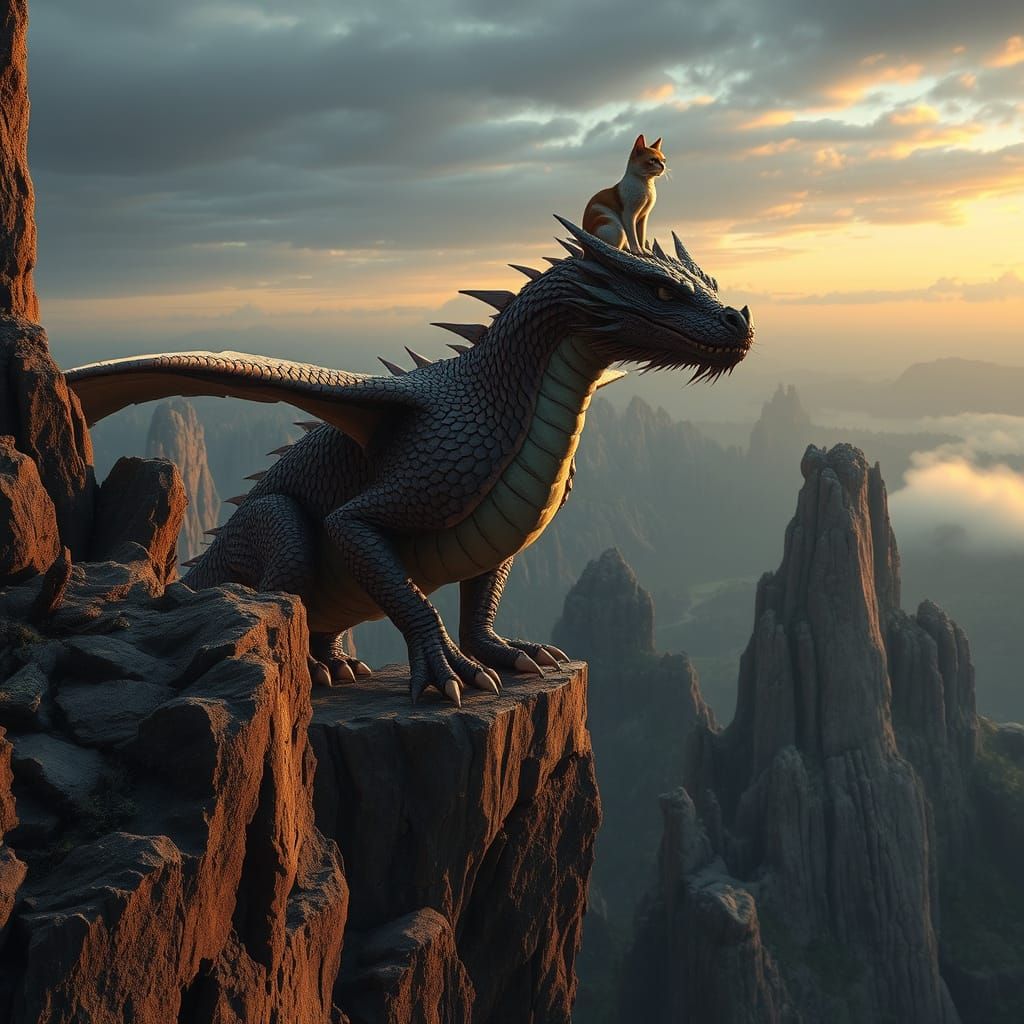 Dragon on Cliff with Majestic Cat