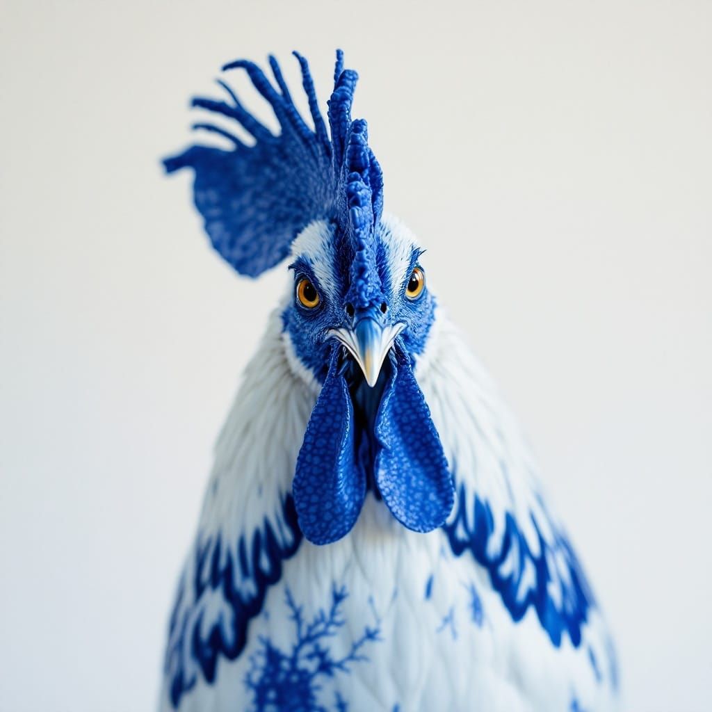 Cerulean Porcelain Rooster in Regal Attire