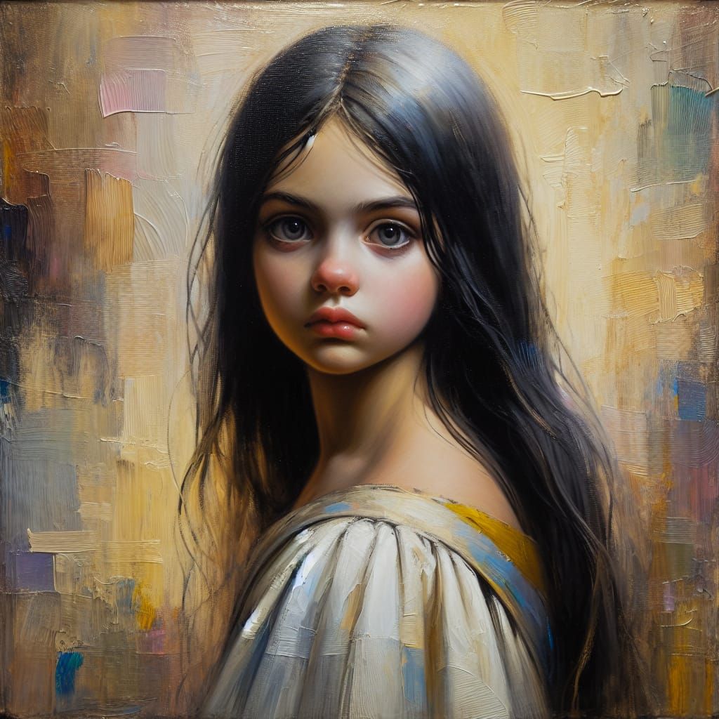 Melancholic Girl in Oil Painting with Warm Colors