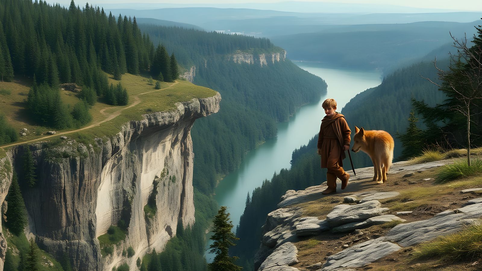 Boy and Wolf on Cliff in Ancient Times