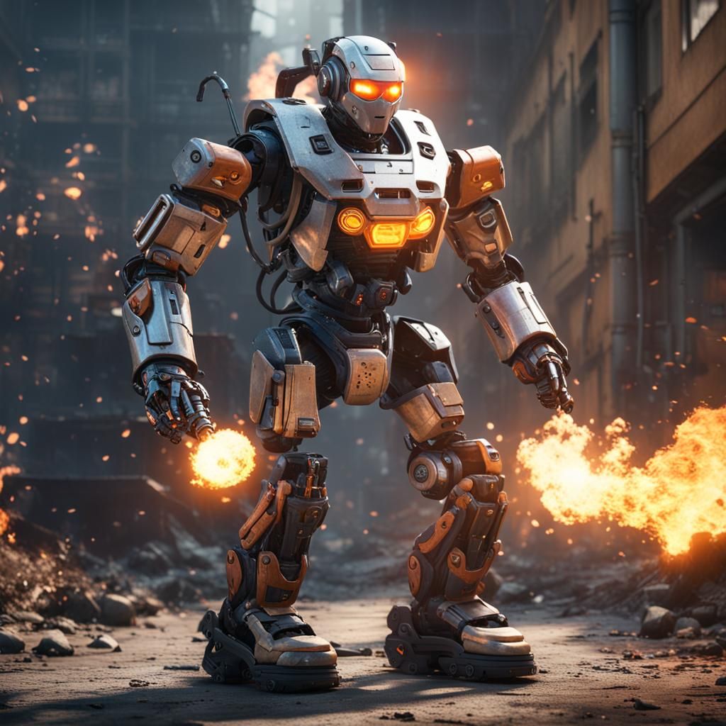 Humanoid Robot with Flamethrower, 3D Render